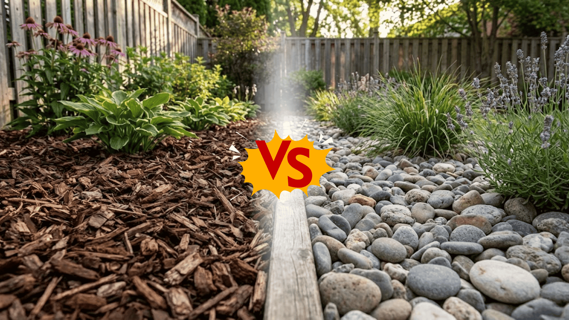 garden bed split showing wood chip mulch on left side and river rocks on right with flowering plants