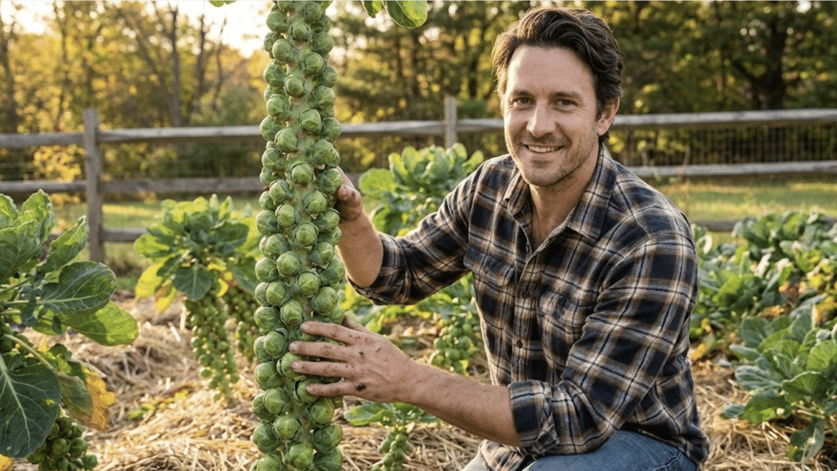 gardener admiring tall brussels sprout stalks loaded with tight green sprouts in autumn garden