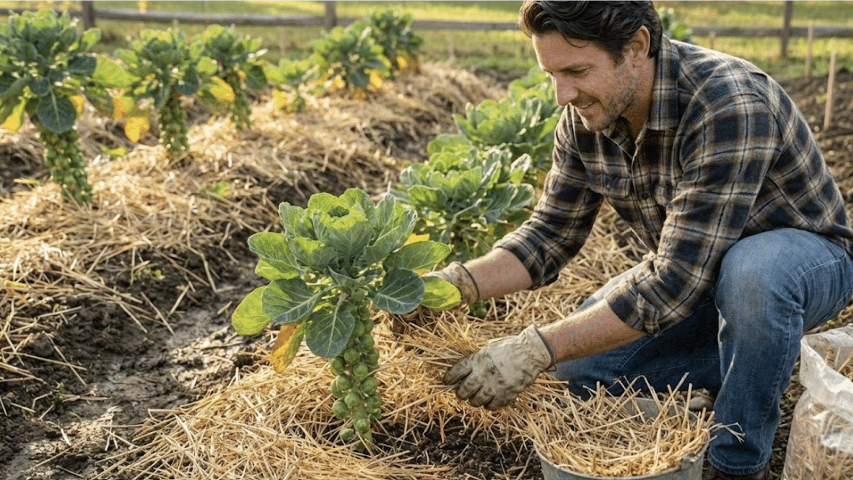 gardener applying straw mulch around established brussels sprout plants in garden bed