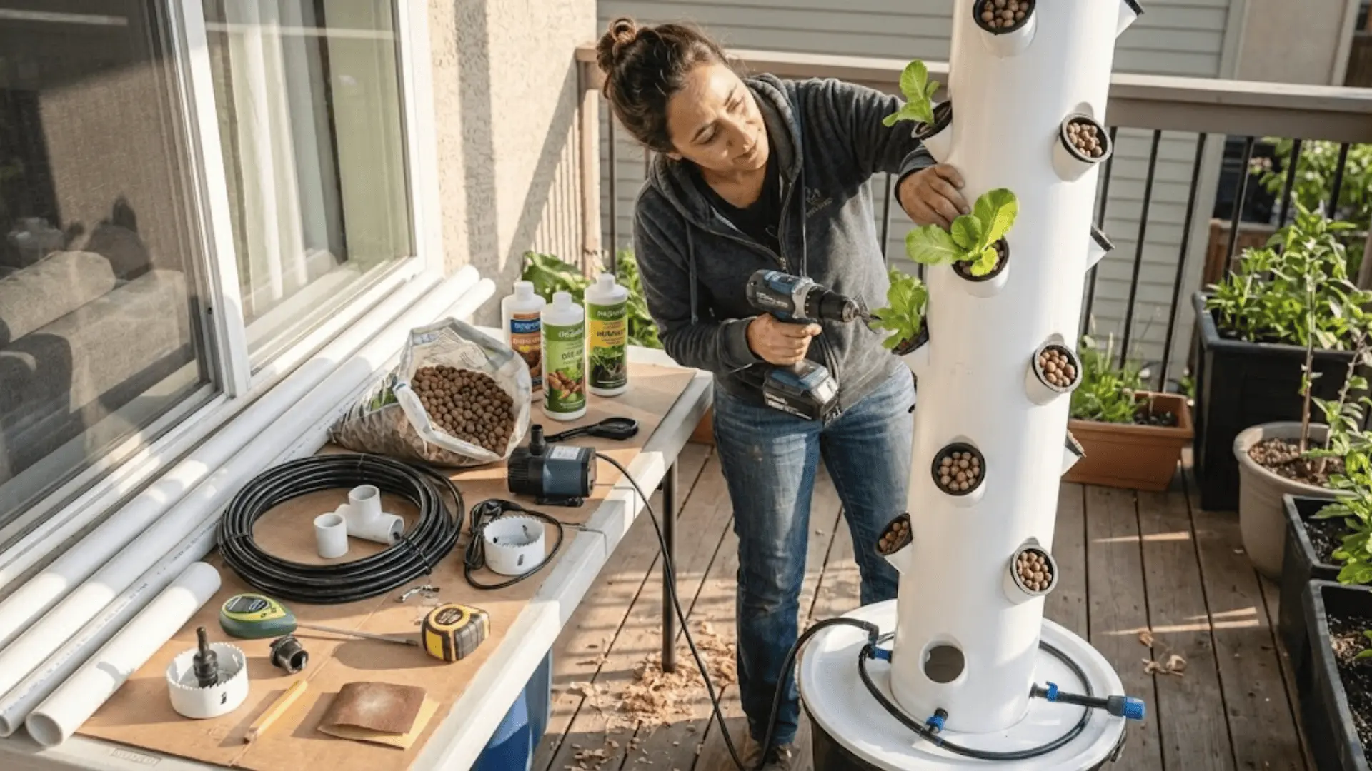 gardener building diy hydroponic tower with tools and supplies on sunny balcony