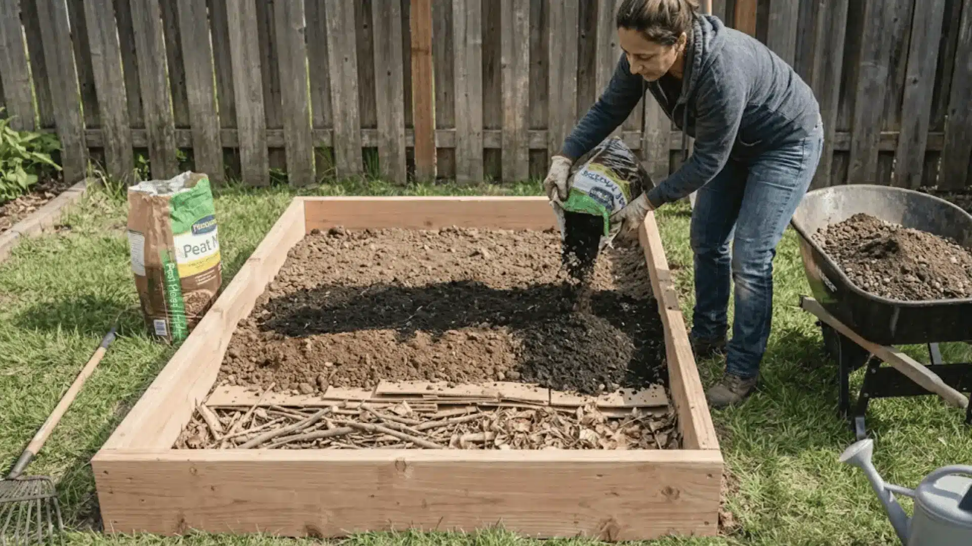 gardener filling raised bed with layered soil mix of compost and topsoil