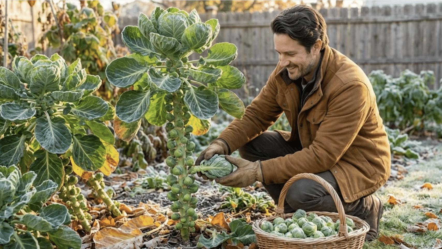 gardener harvesting firm brussels sprouts from mature stalk in frosty autumn garden
