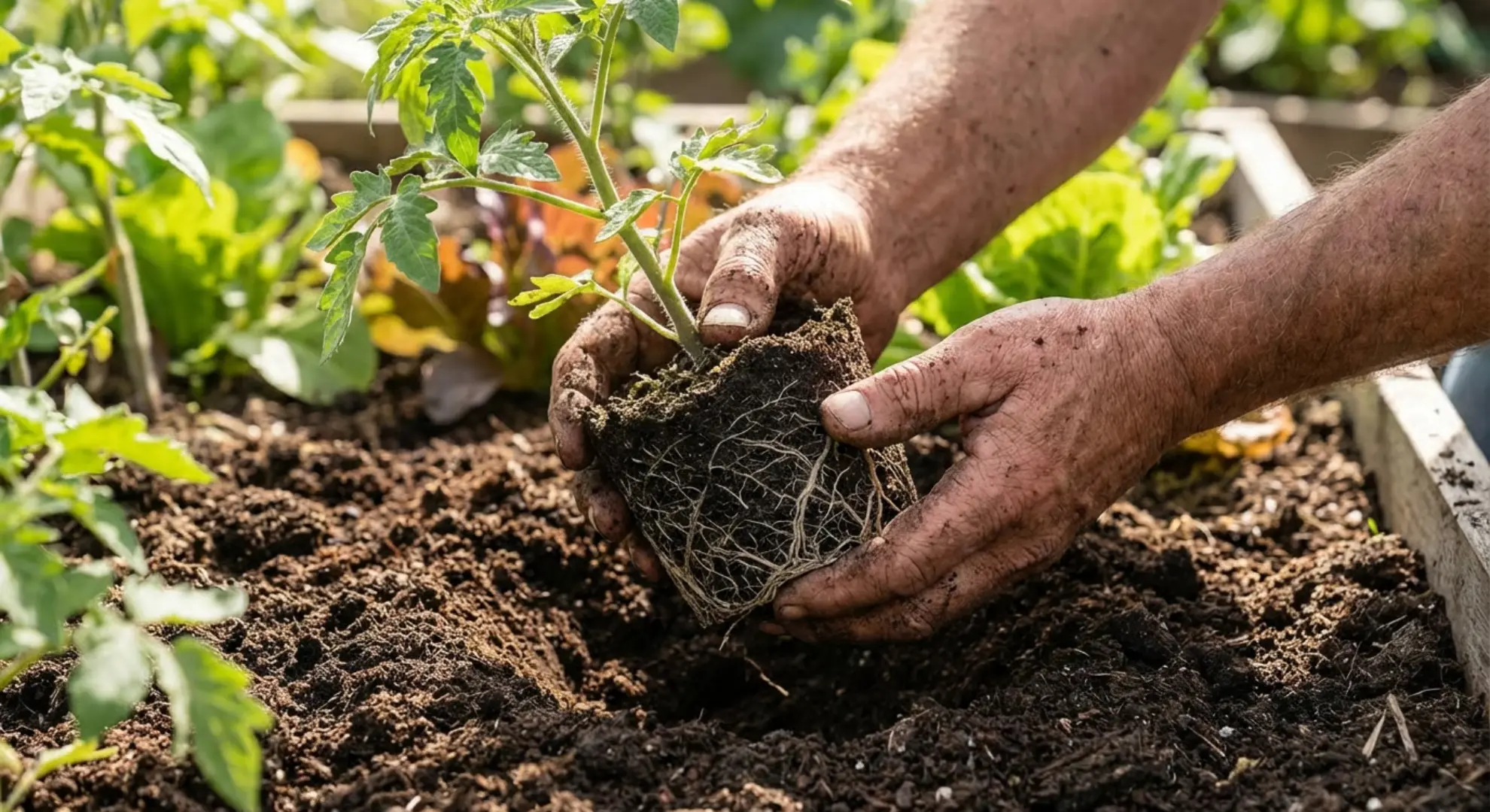 gardener holding healthy vegetable seedling with roots ready for transplanting