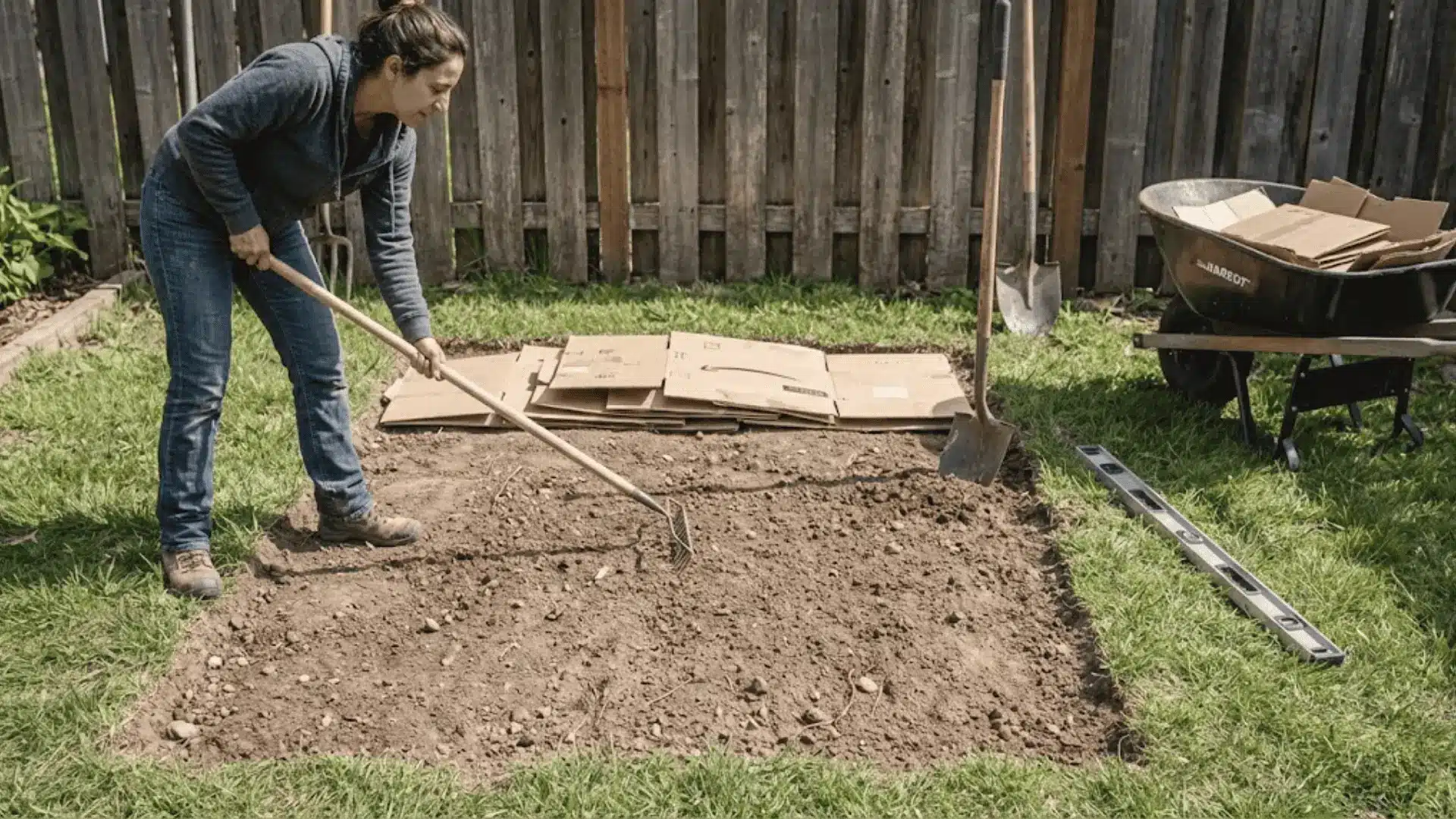gardener leveling cleared ground and laying cardboard for raised bed preparation