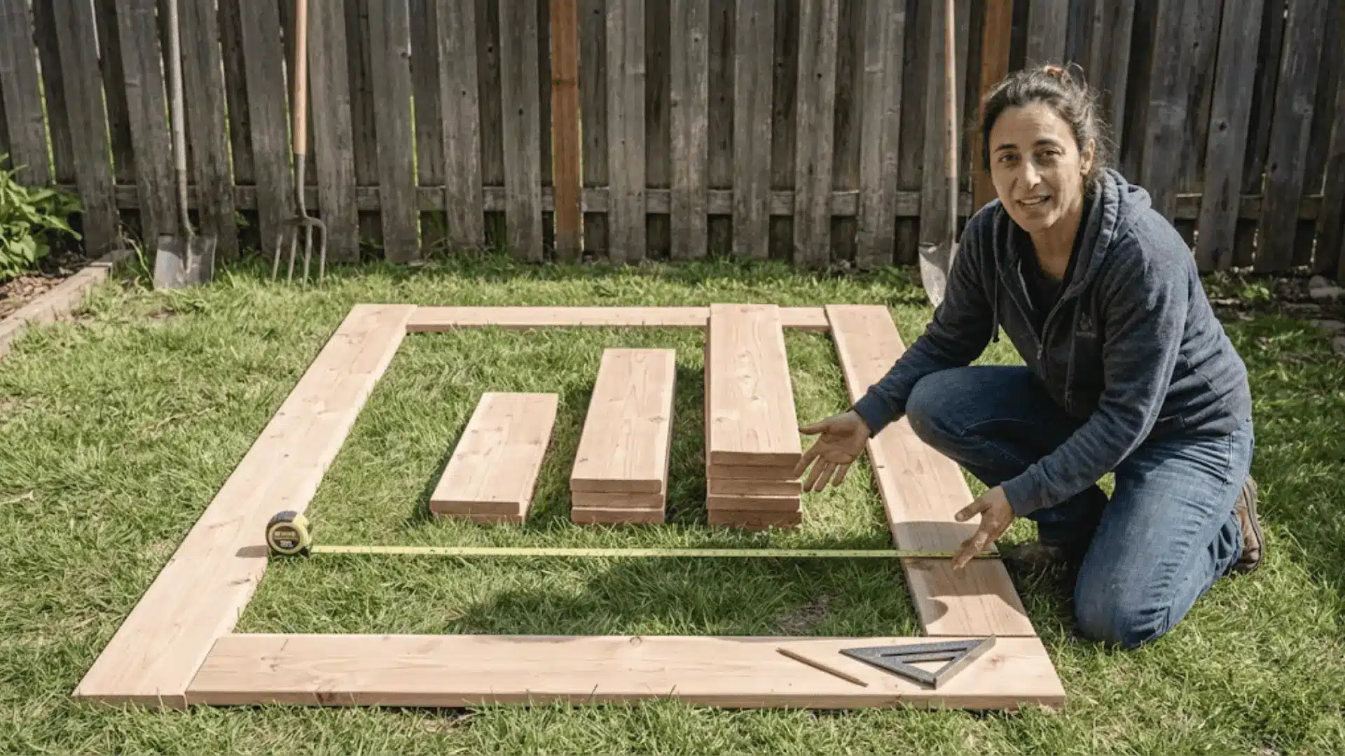 gardener measuring cedar wood boards for 4x8 foot raised garden bed frame