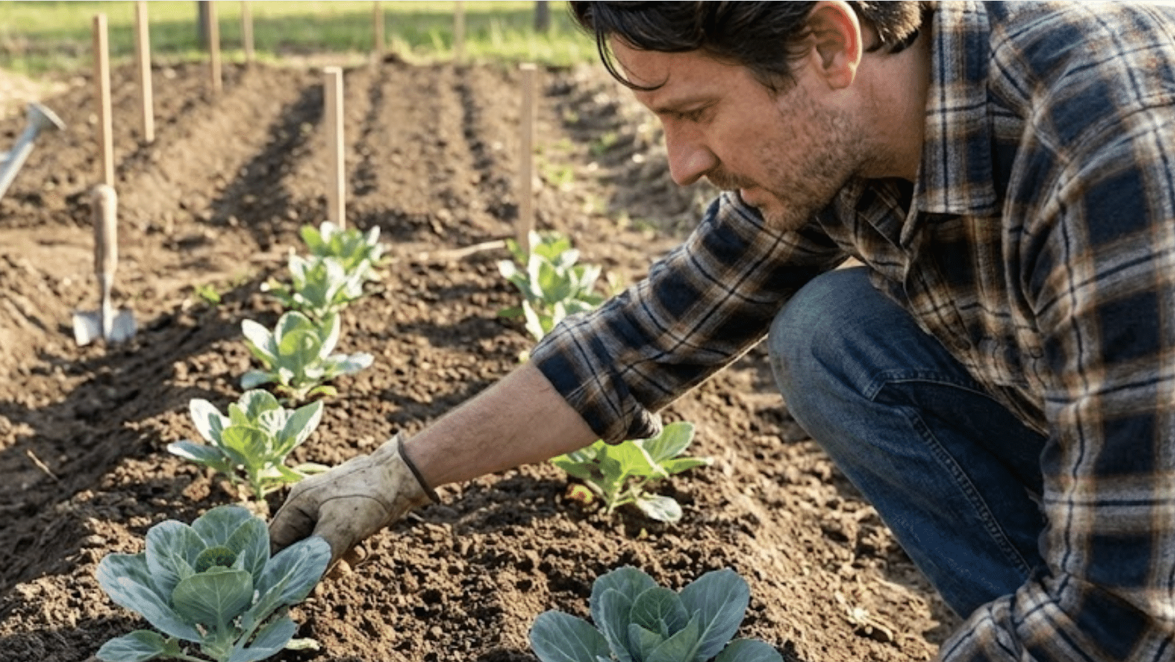 gardener measuring proper spacing between brussels sprout seedlings in prepared garden bed