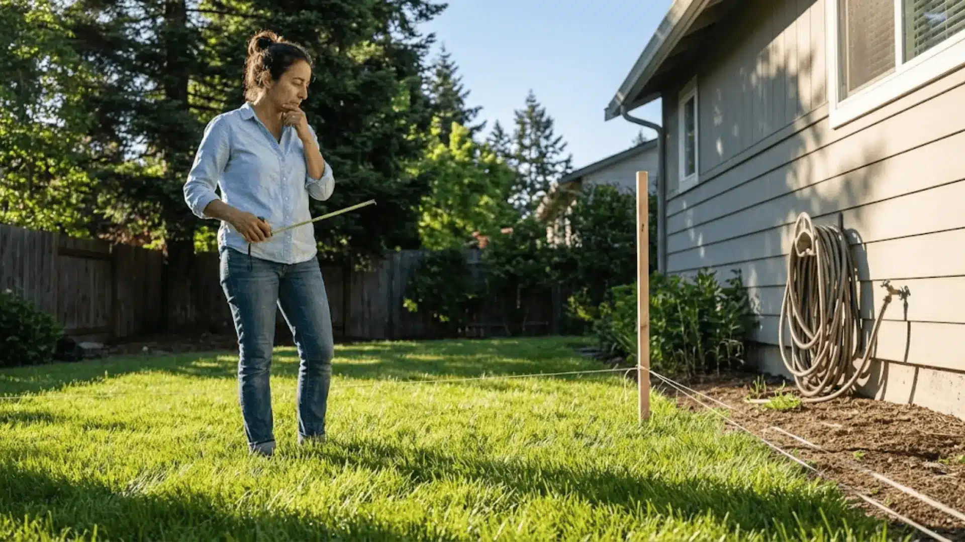 gardener measuring sunny backyard location for raised garden bed installation