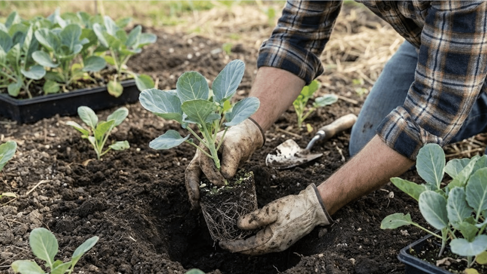 gardener planting brussels sprout seedling at correct depth in garden soil