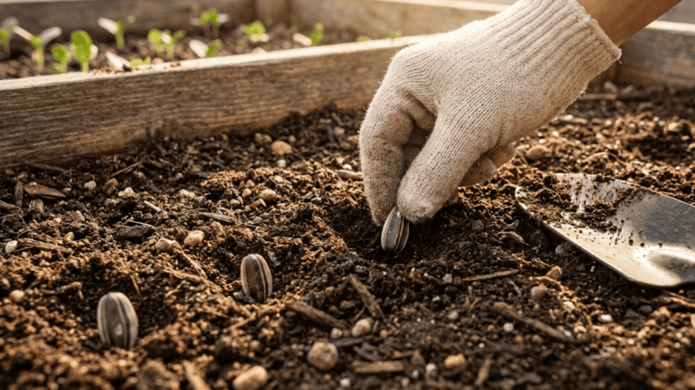 gardener planting sunflower seeds in warm dark soil during morning light with garden bed in background