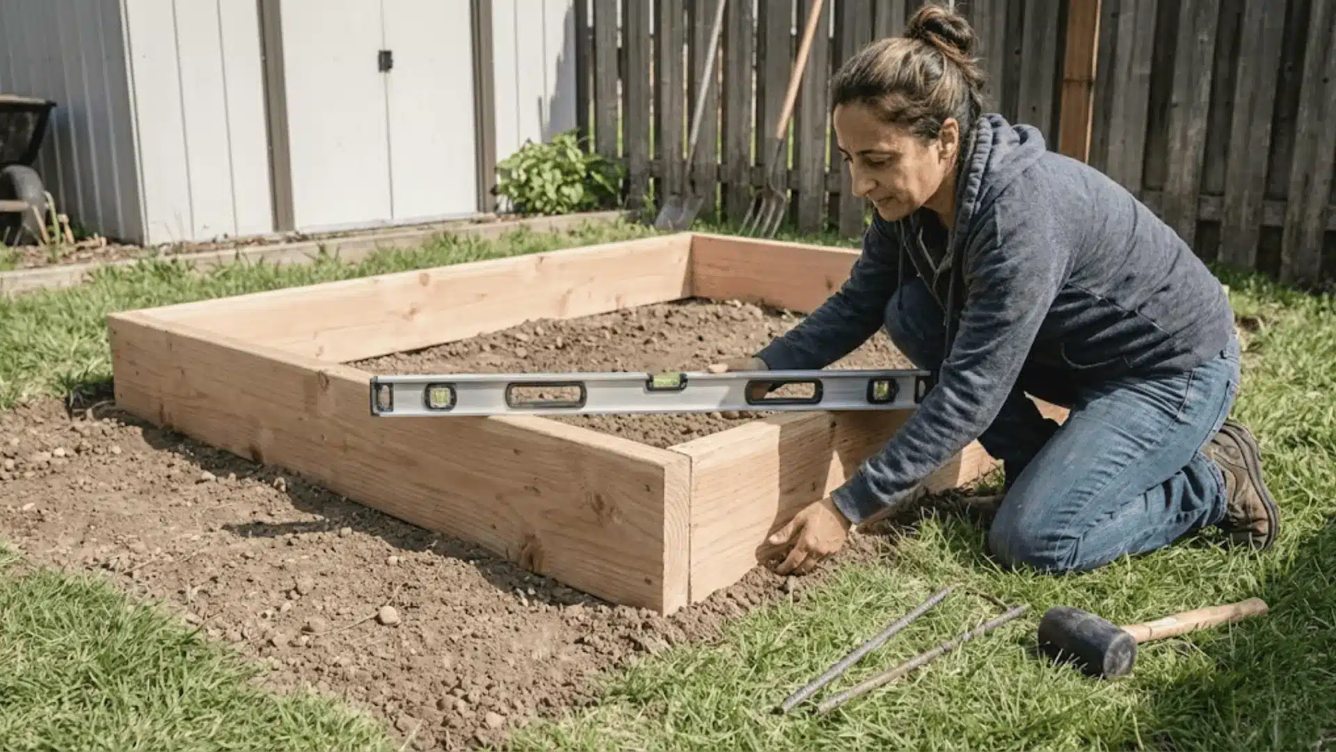 gardener using level tool to position and balance raised garden bed frame