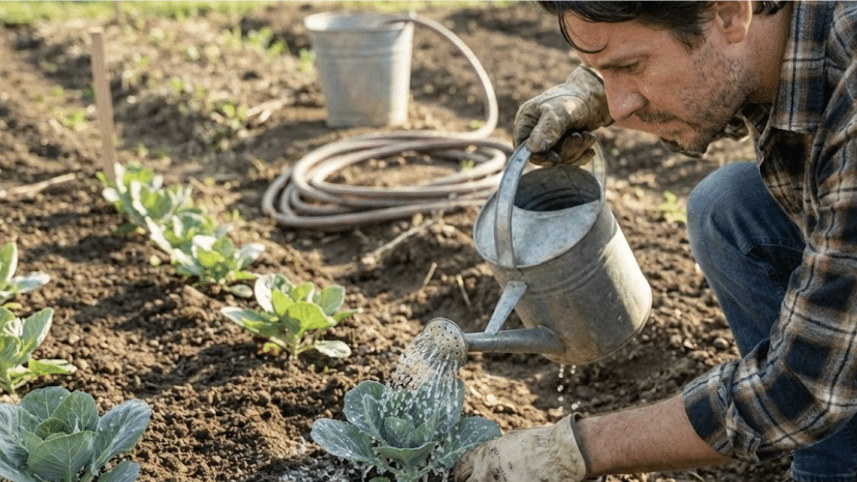 gardener watering newly planted brussels sprout seedling with watering can in garden