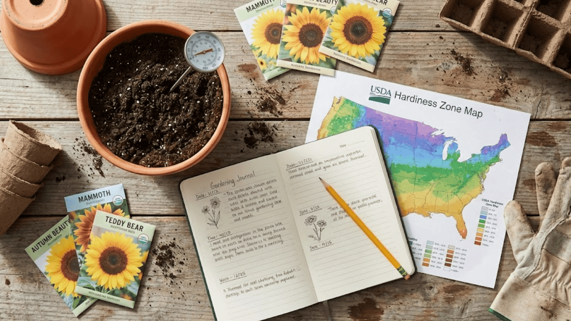 gardening planning tools including soil thermometer, zone map and sunflower seed packets on wooden potting bench