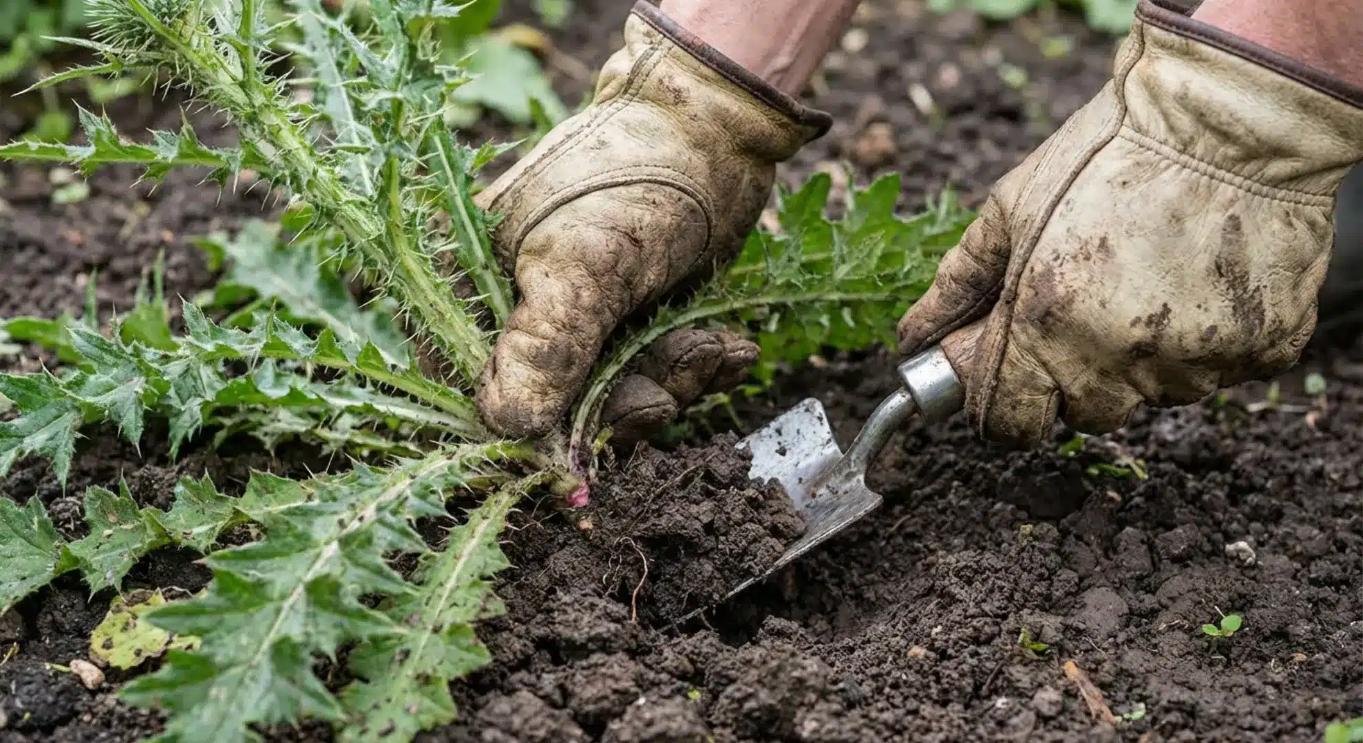 gloved hands manually removing thistle weed using digging tool