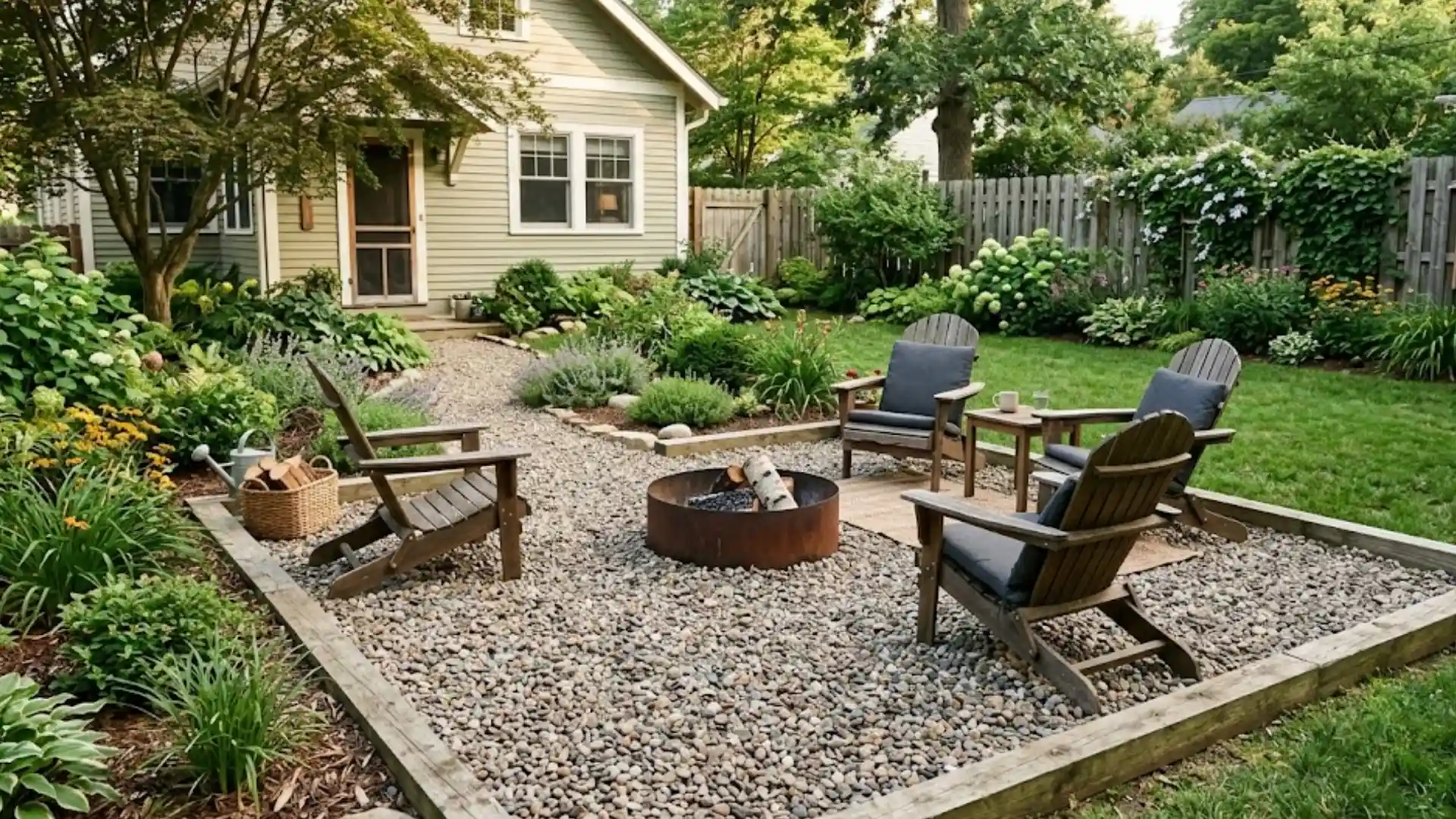 gravel patio with outdoor seating fire pit and landscaped garden area in a backyard setting