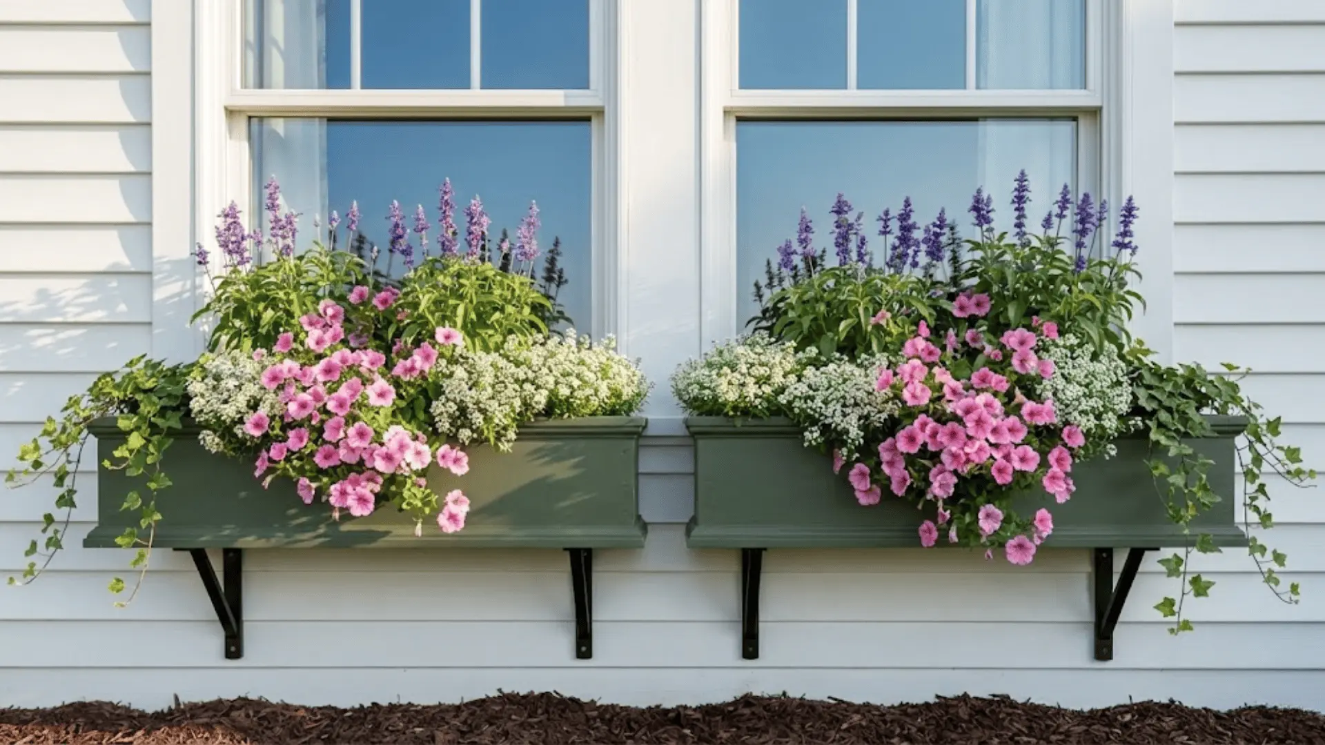 green window boxes overflowing with pink petunias and trailing plants