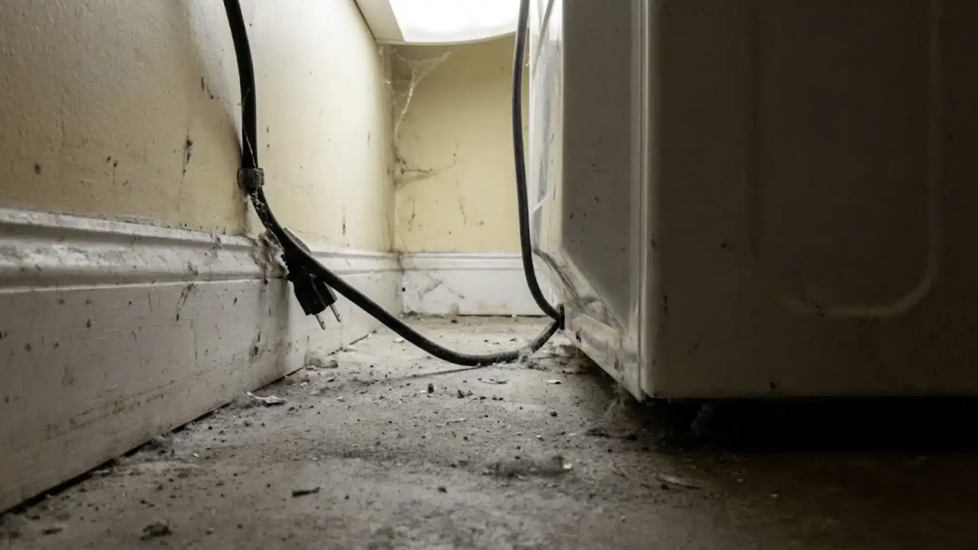 ground-level view of a narrow utility space behind an appliance with exposed baseboards dusty floor and electrical wire
