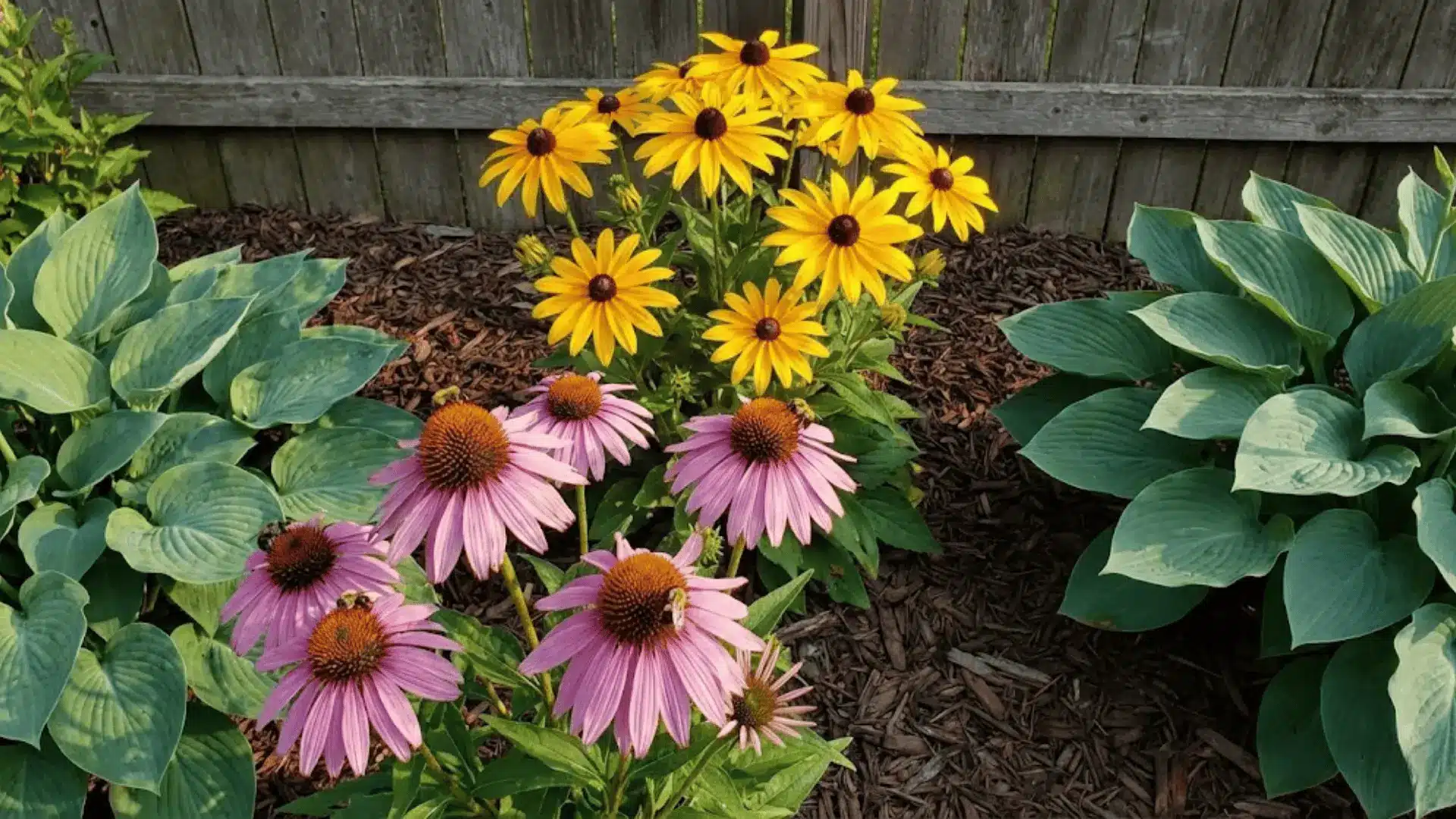 grouped purple coneflowers and black-eyed susans in full bloom with hostas