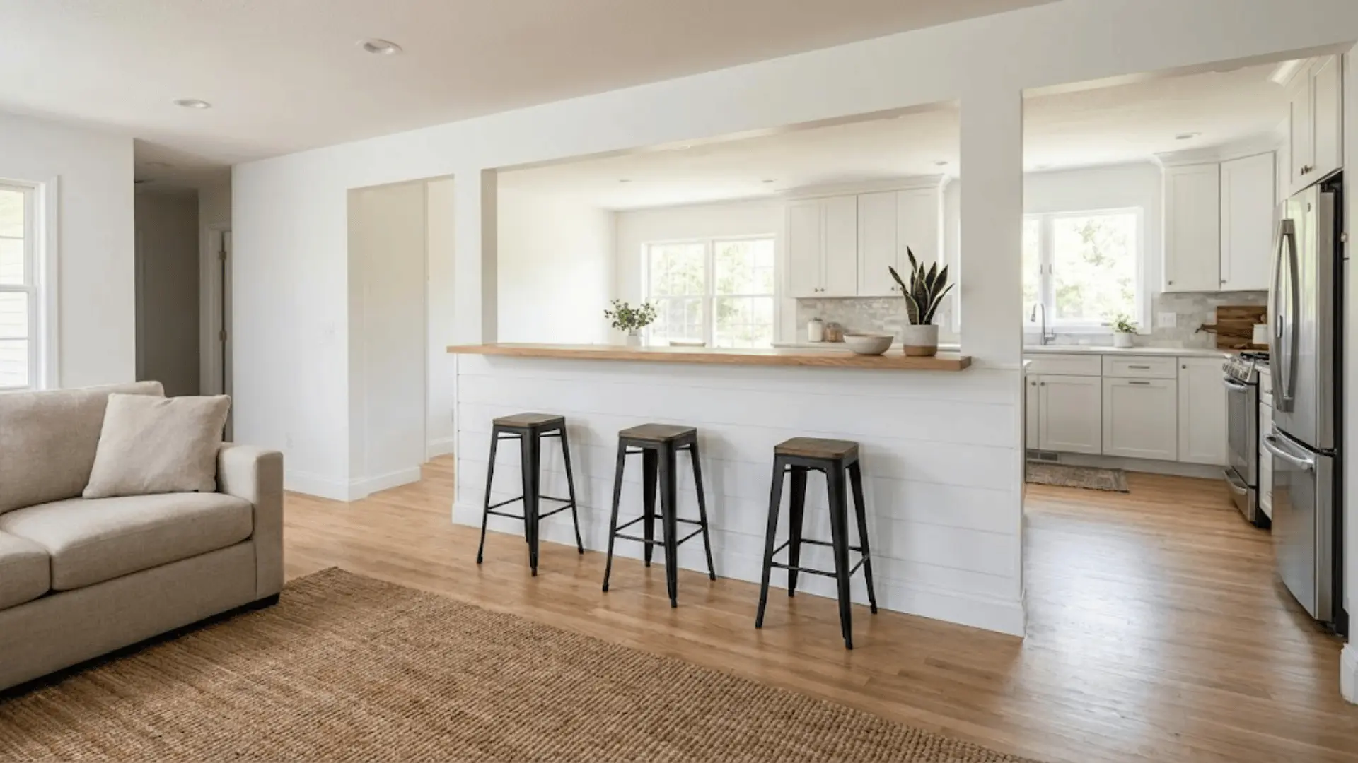 half wall with bar stools separating kitchen and living room in open floor plan