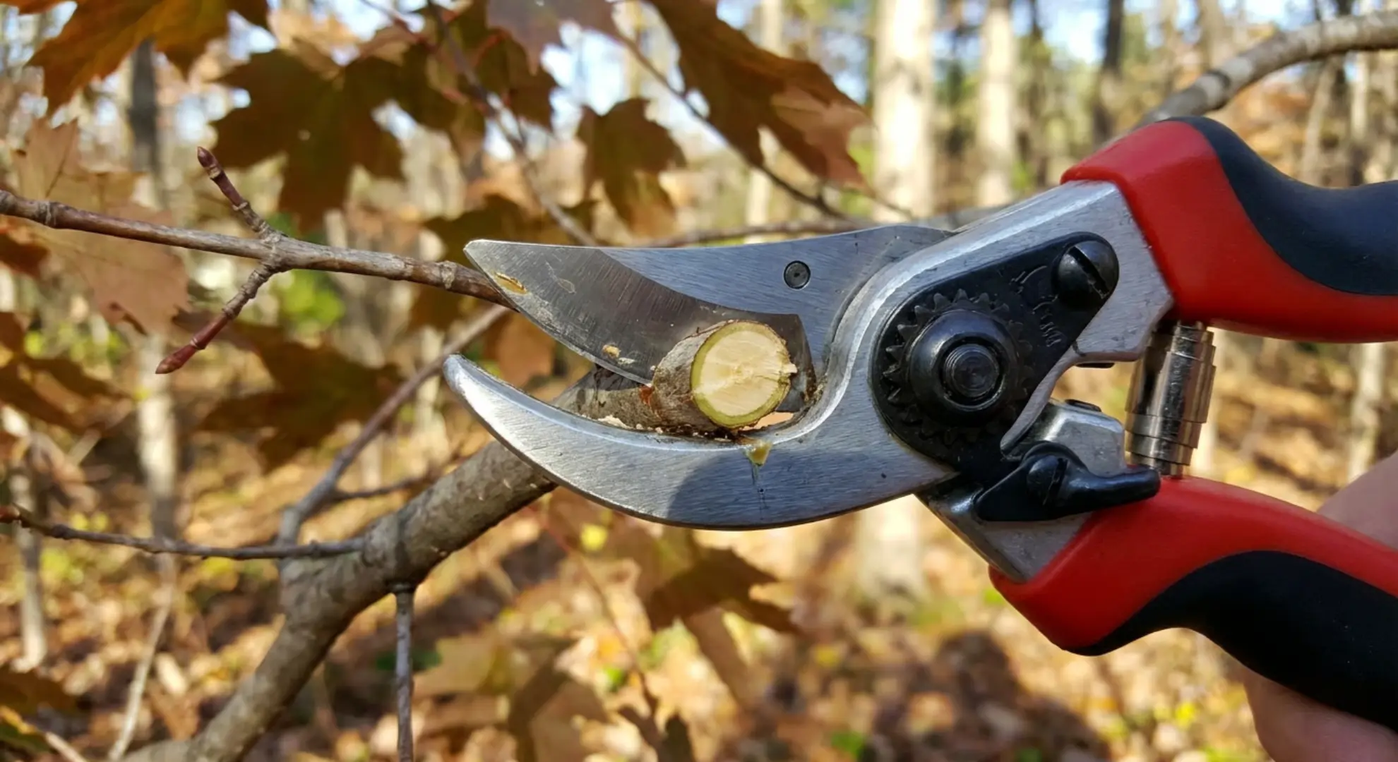 hand pruners making clean angled cut on maple branch demonstrating proper technique