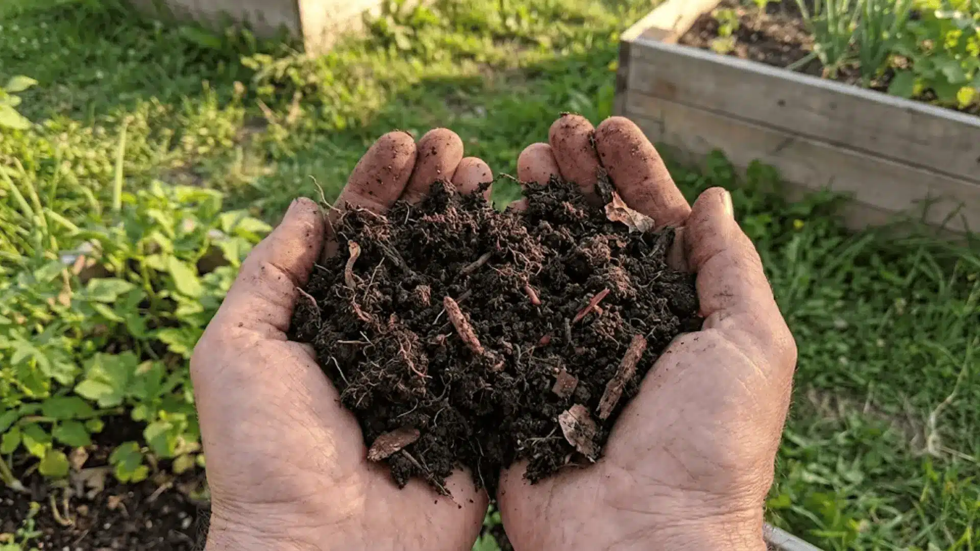 hands cupping dark rich garden soil outdoors with organic matter and fine root threads in warm natural daylight
