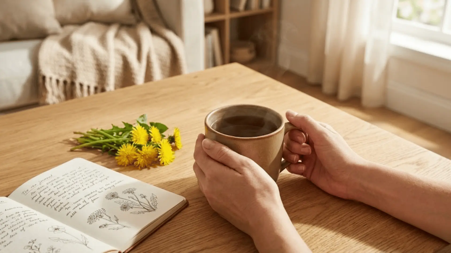 hands holding a warm mug of dandelion tea on a wooden table with fresh dandelion flowers and an open journal nearby