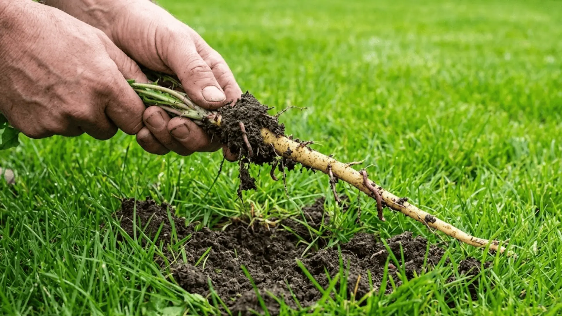 hands pulling a dandelion with full taproot exposed from moist garden soil in a green lawn