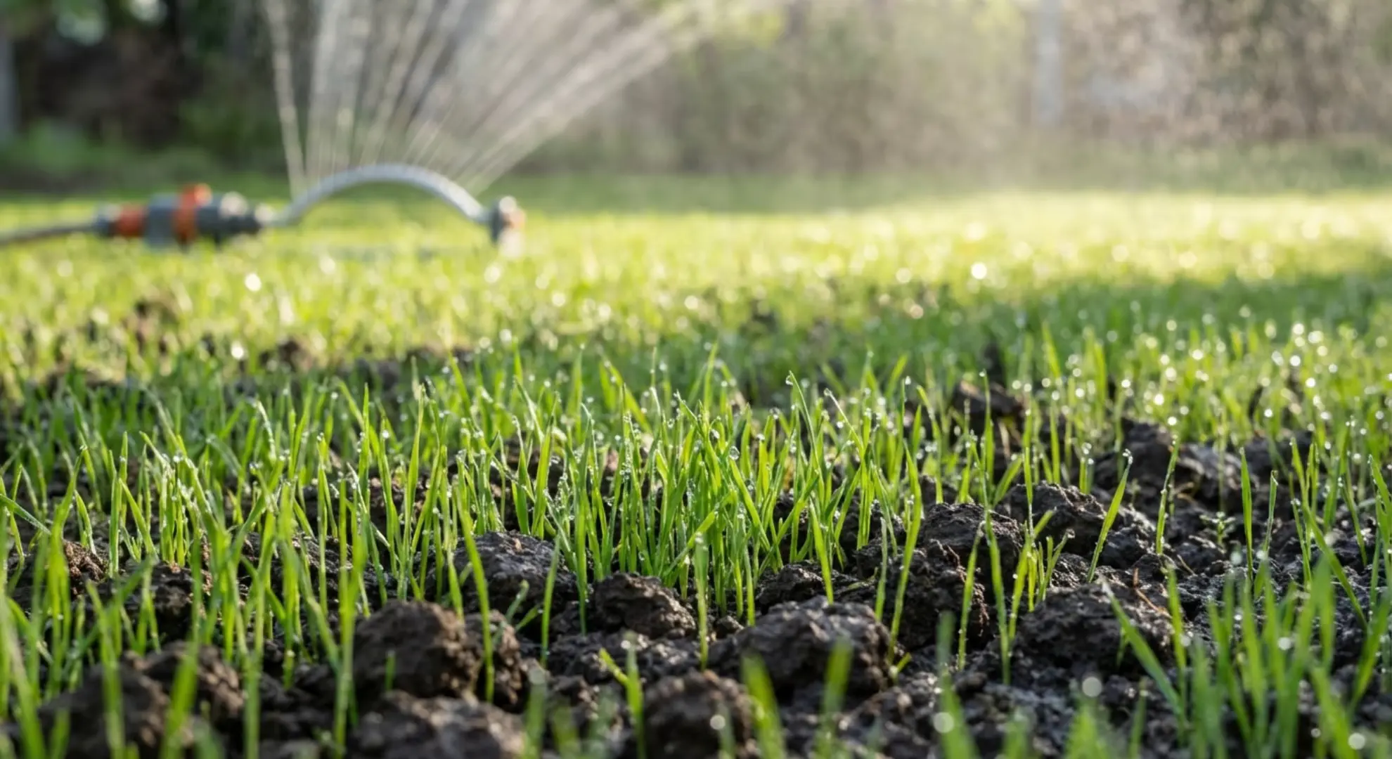 healthy grass seedlings growing in moist dirt demonstrating correct watering frequency for new lawns
