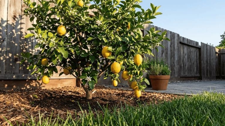 healthy lemon tree with ripe yellow fruit and white blooms in sunlit backyard garden