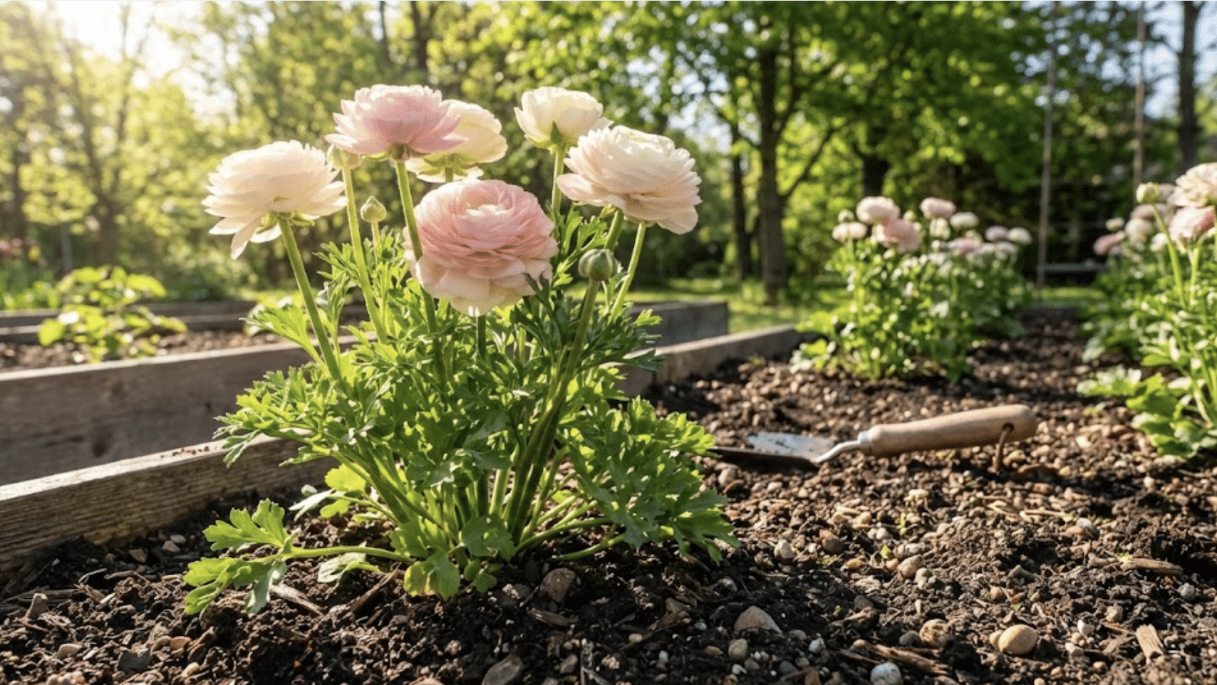 healthy ranunculus plants blooming in well-draining garden soil with optimal sunlight and temperature conditions