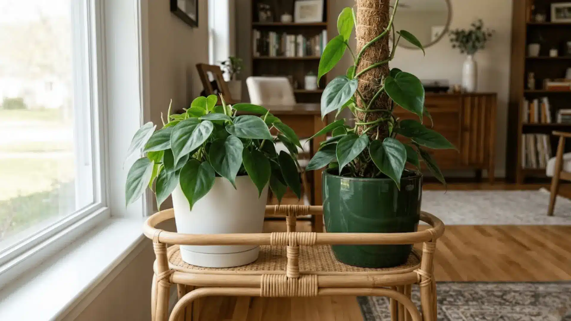 heartleaf and climbing philodendron on a rattan stand in a bright morning lit indoor space