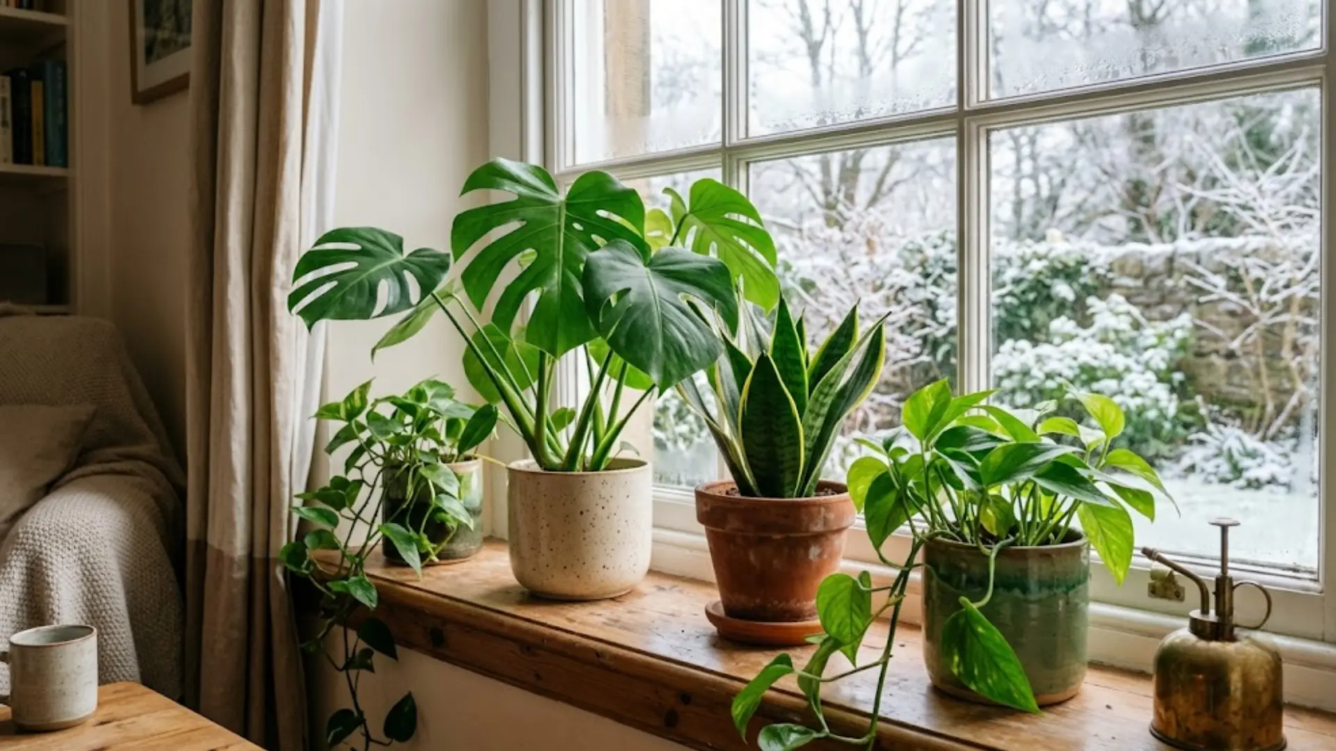 lush monstera, snake plant, and pothos in ceramic and terracotta pots lined up on a wooden windowsill indoors