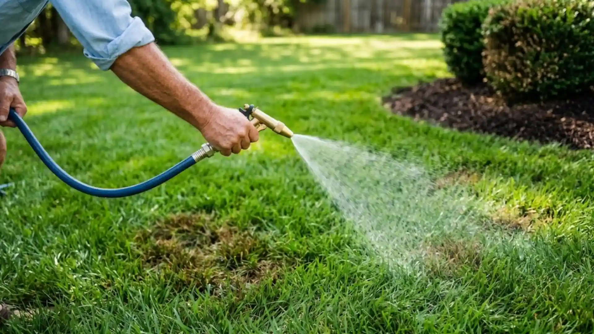 person watering green lawn with hose to support grass health and maintain moisture levels in yard