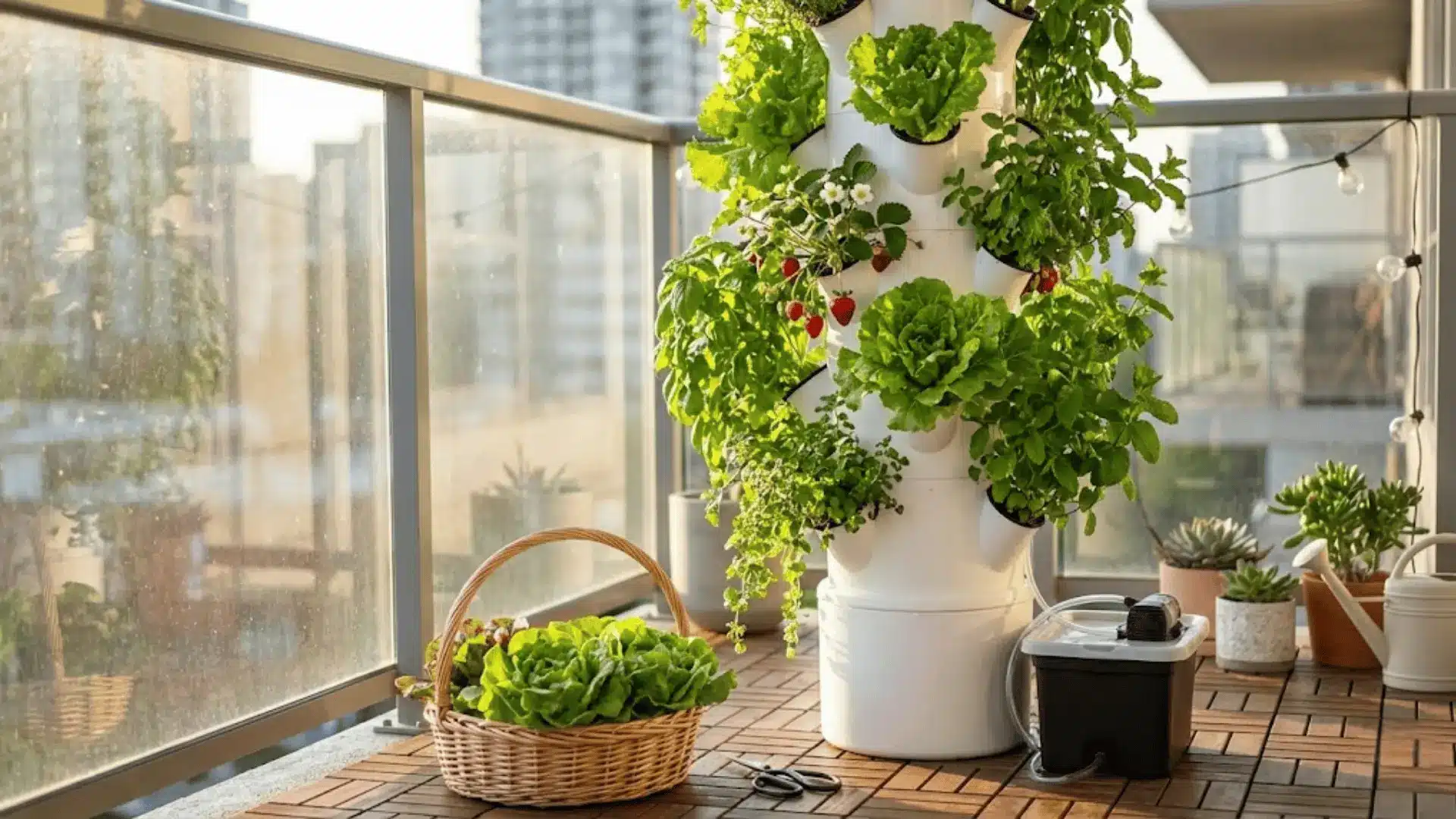 hydroponic tower garden with lettuce and strawberries growing on sunny apartment balcony