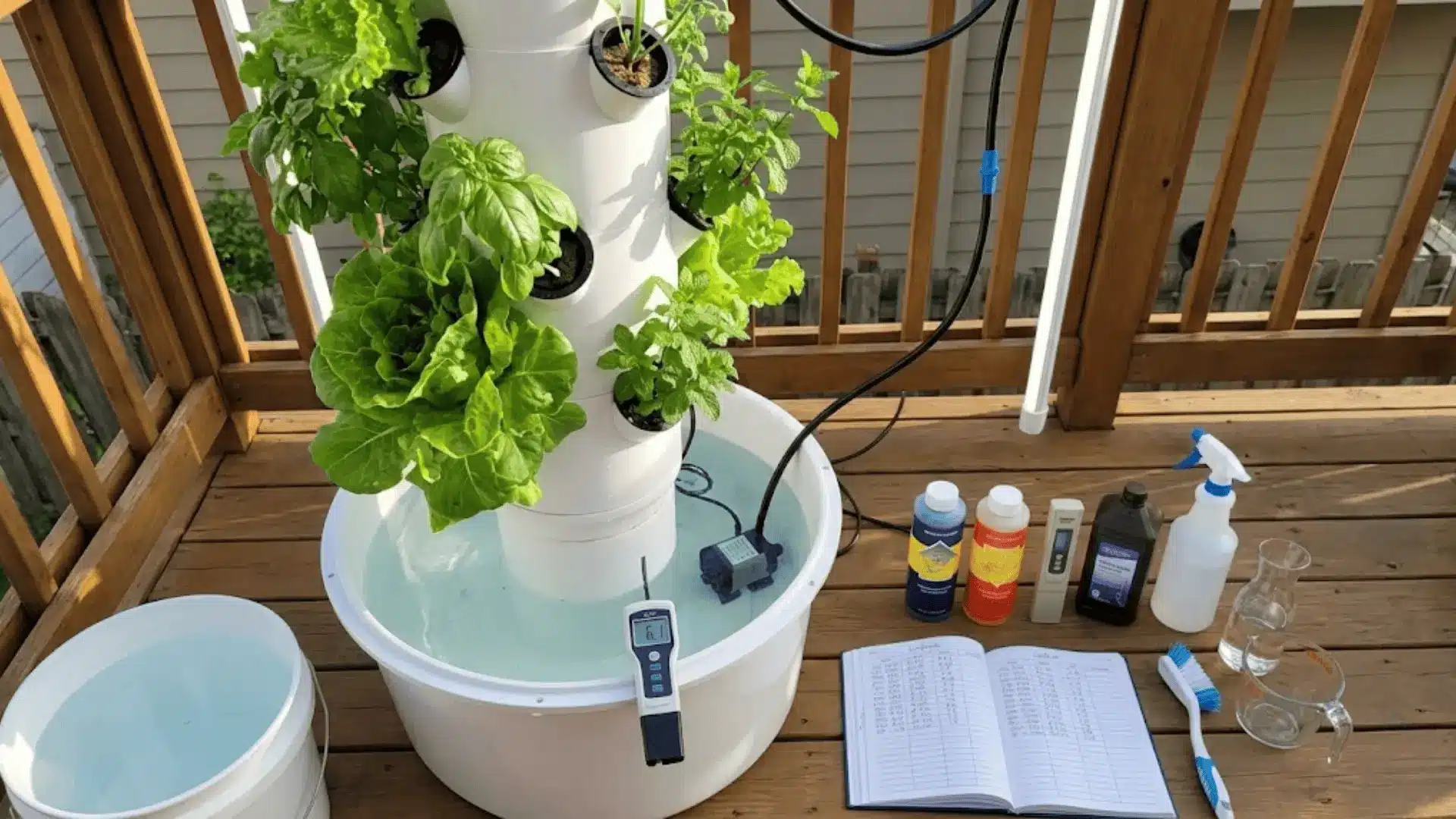 hydroponic tower maintenance with ph meter and cleaning supplies on balcony deck