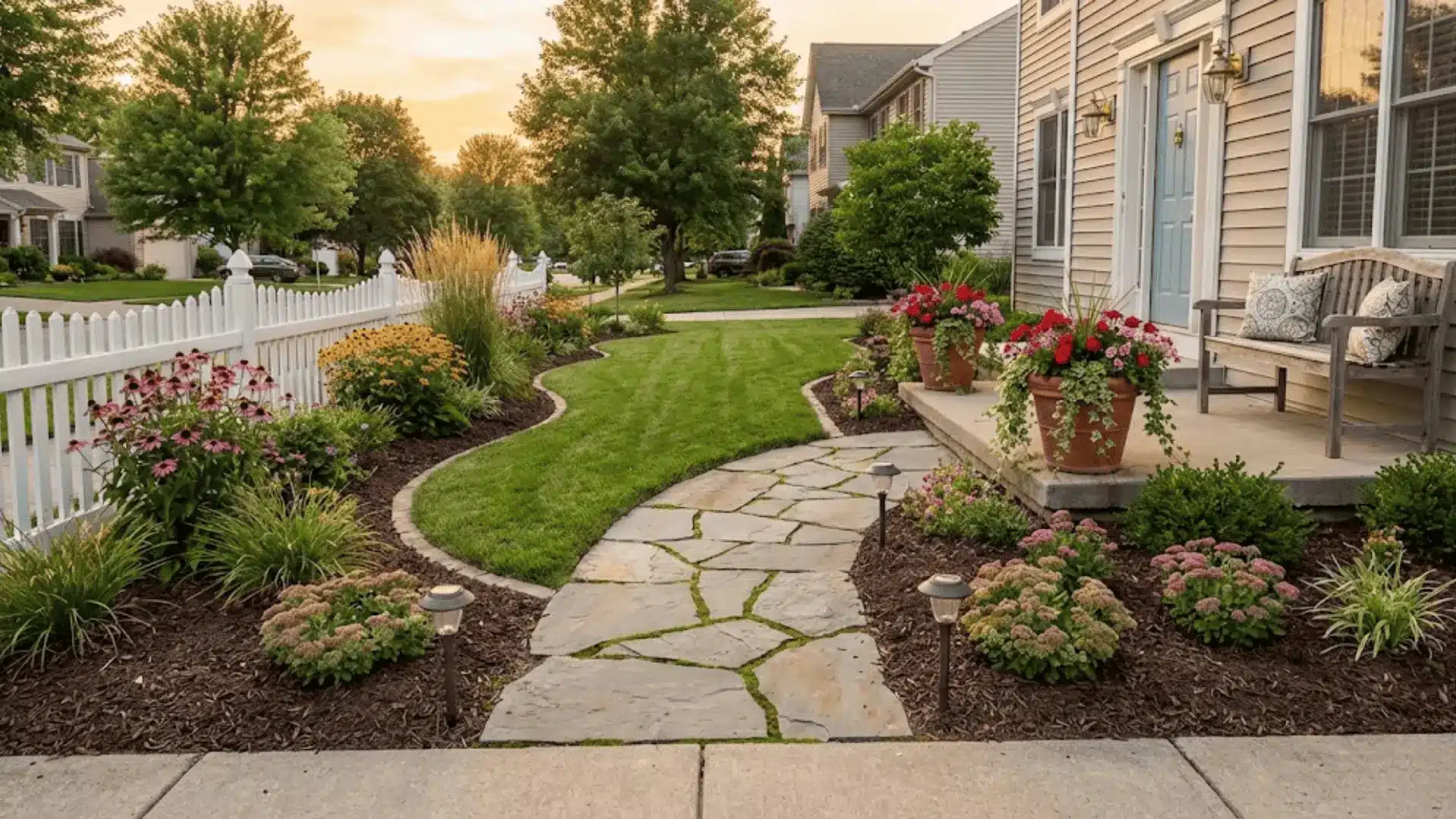 inviting front yard with stone pathway, colorful flower beds, and solar lights at golden hour
