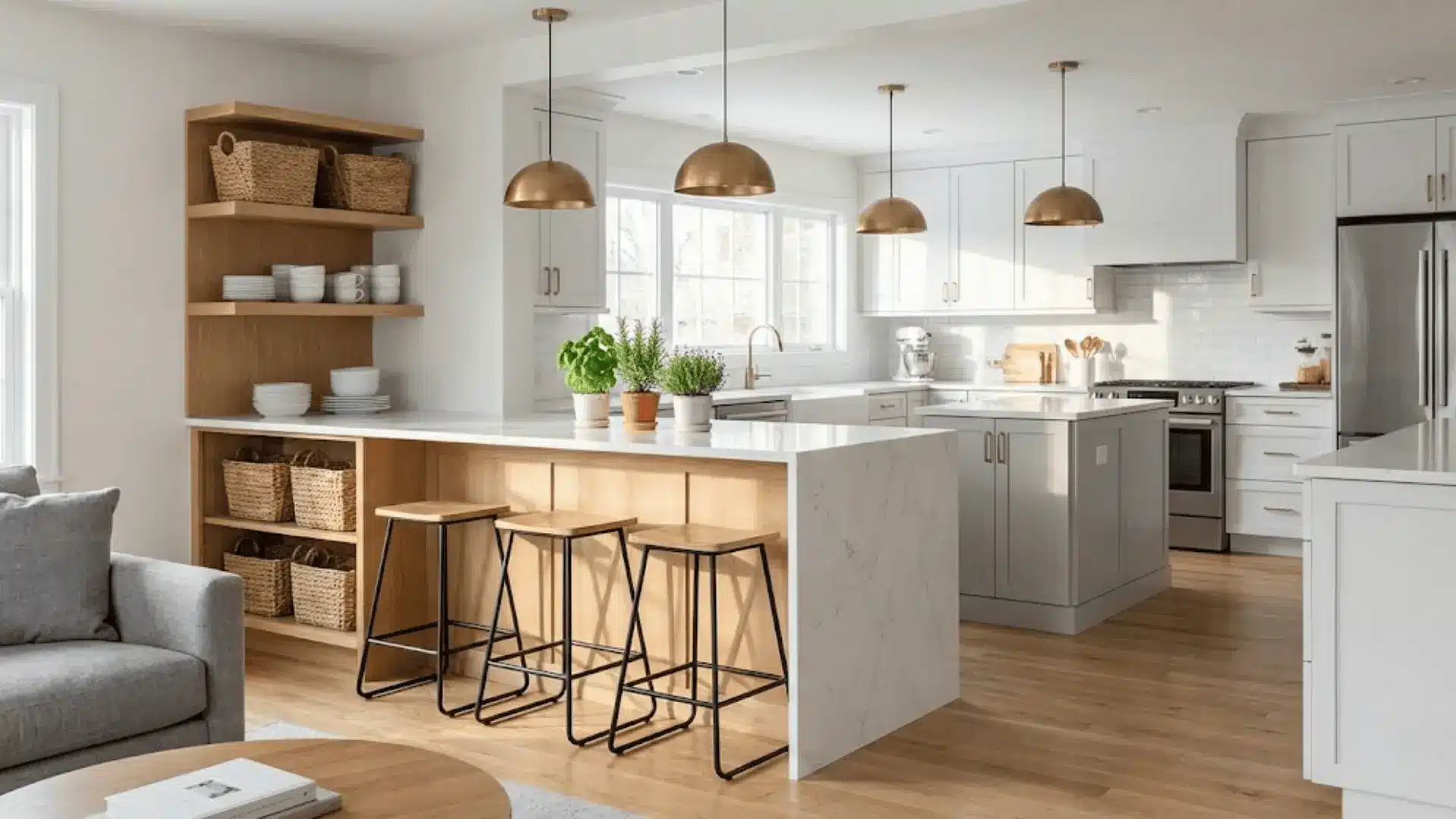 kitchen island with bar stools dividing open floor plan kitchen and living room (1)