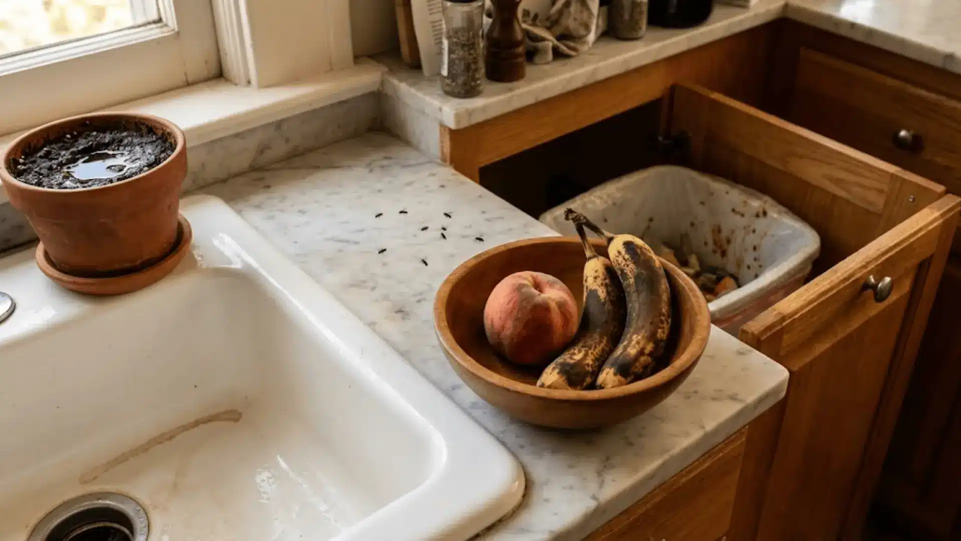 kitchen scene showing damp sink, overripe fruit, wet houseplant soil, and tiny flies, sharp natural light