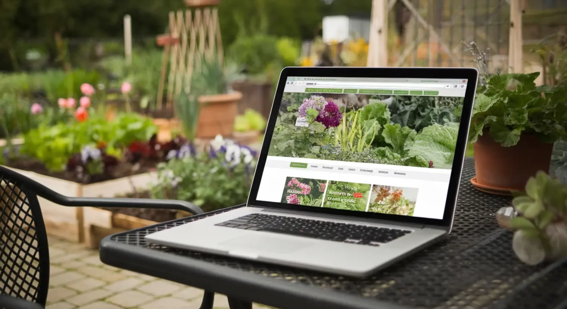 laptop displaying gardening advice website outdoors in backyard setting