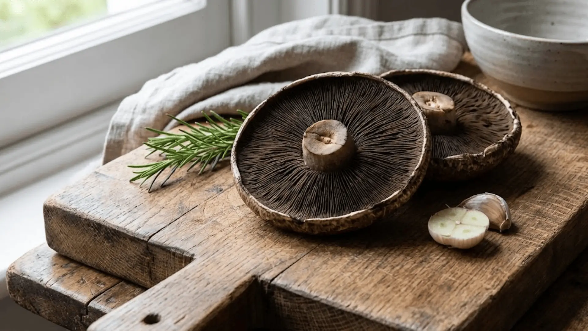 large portobello mushrooms gill-side up on reclaimed wood with rosemary and garlic