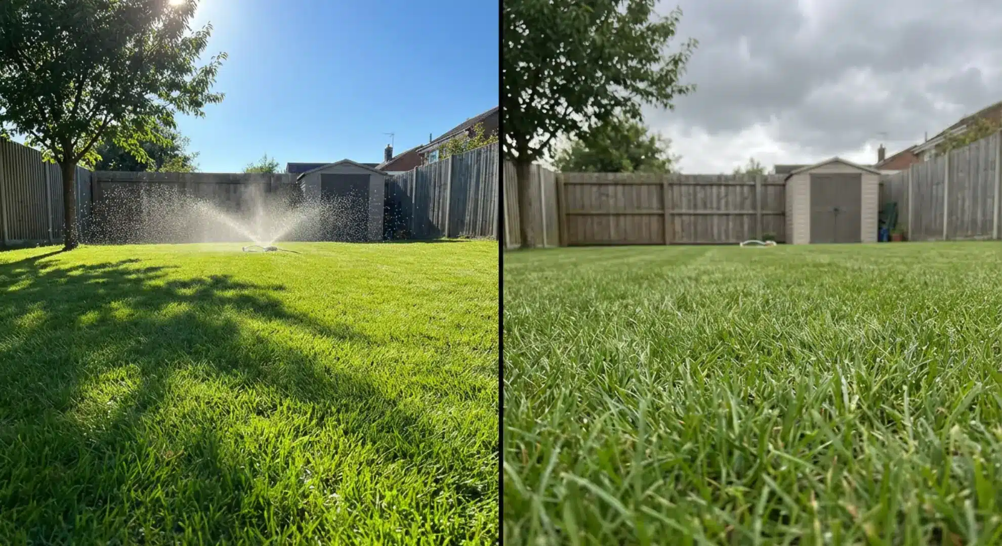 lawn comparison showing sunny hot weather versus overcast cool conditions side by side