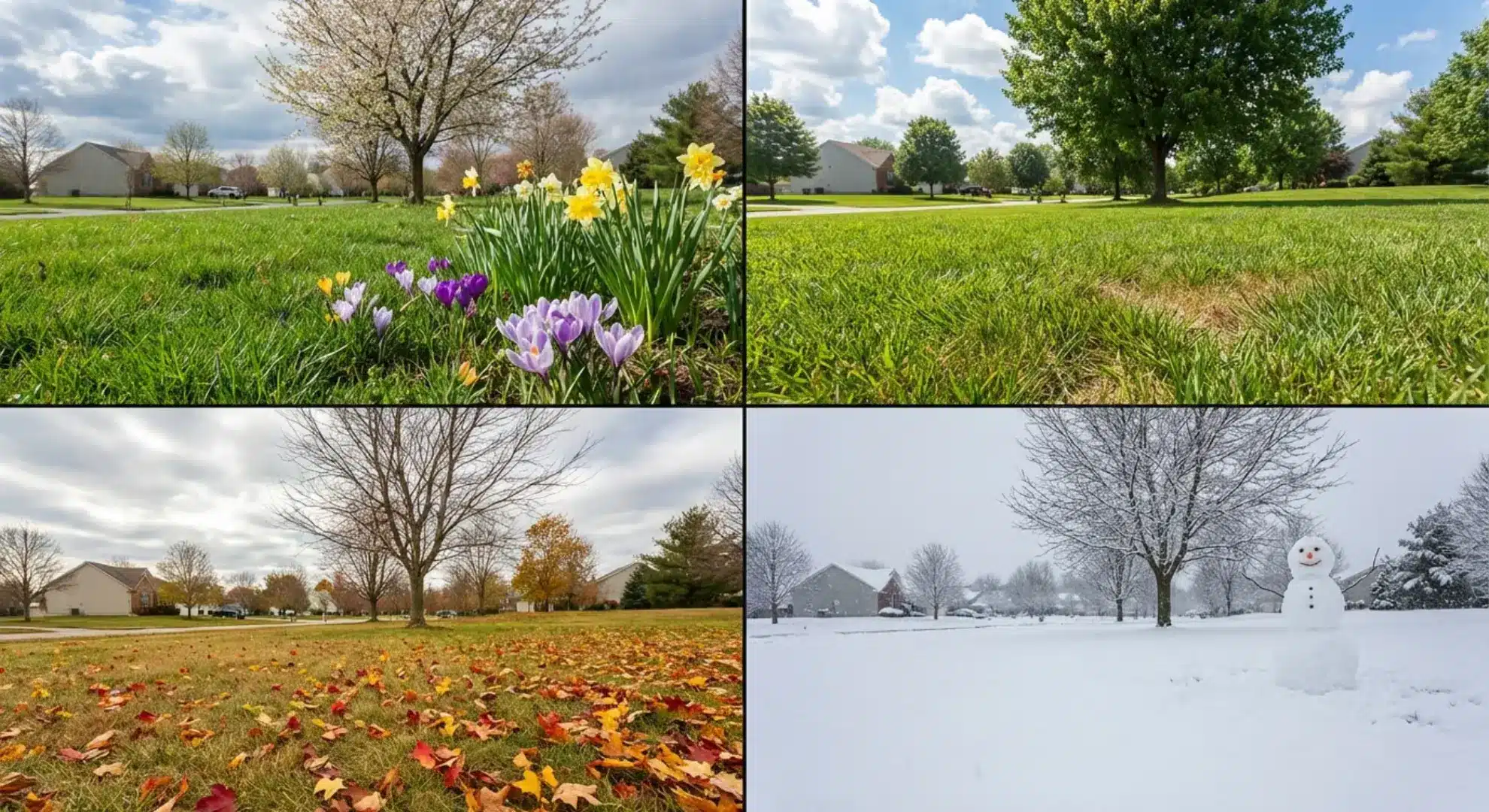 lawn shown across four seasons spring summer fall winter displaying seasonal grass conditions