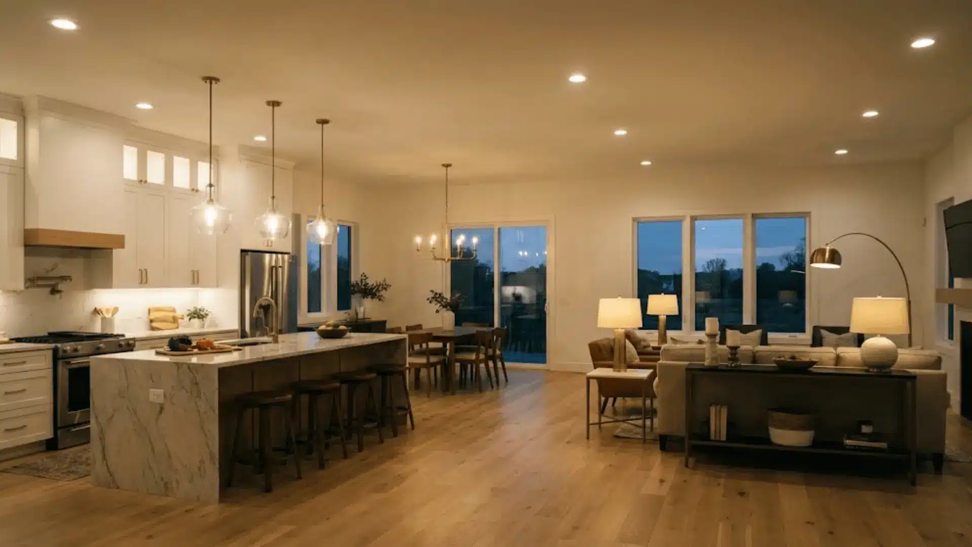 layered ambient task and accent lighting throughout open floor plan at dusk