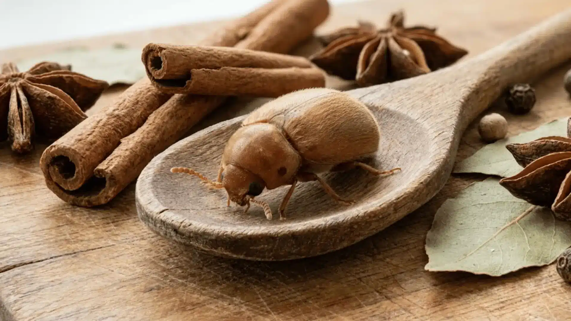light brown oval cigarette beetle on wooden spoon with cinnamon sticks and whole spices