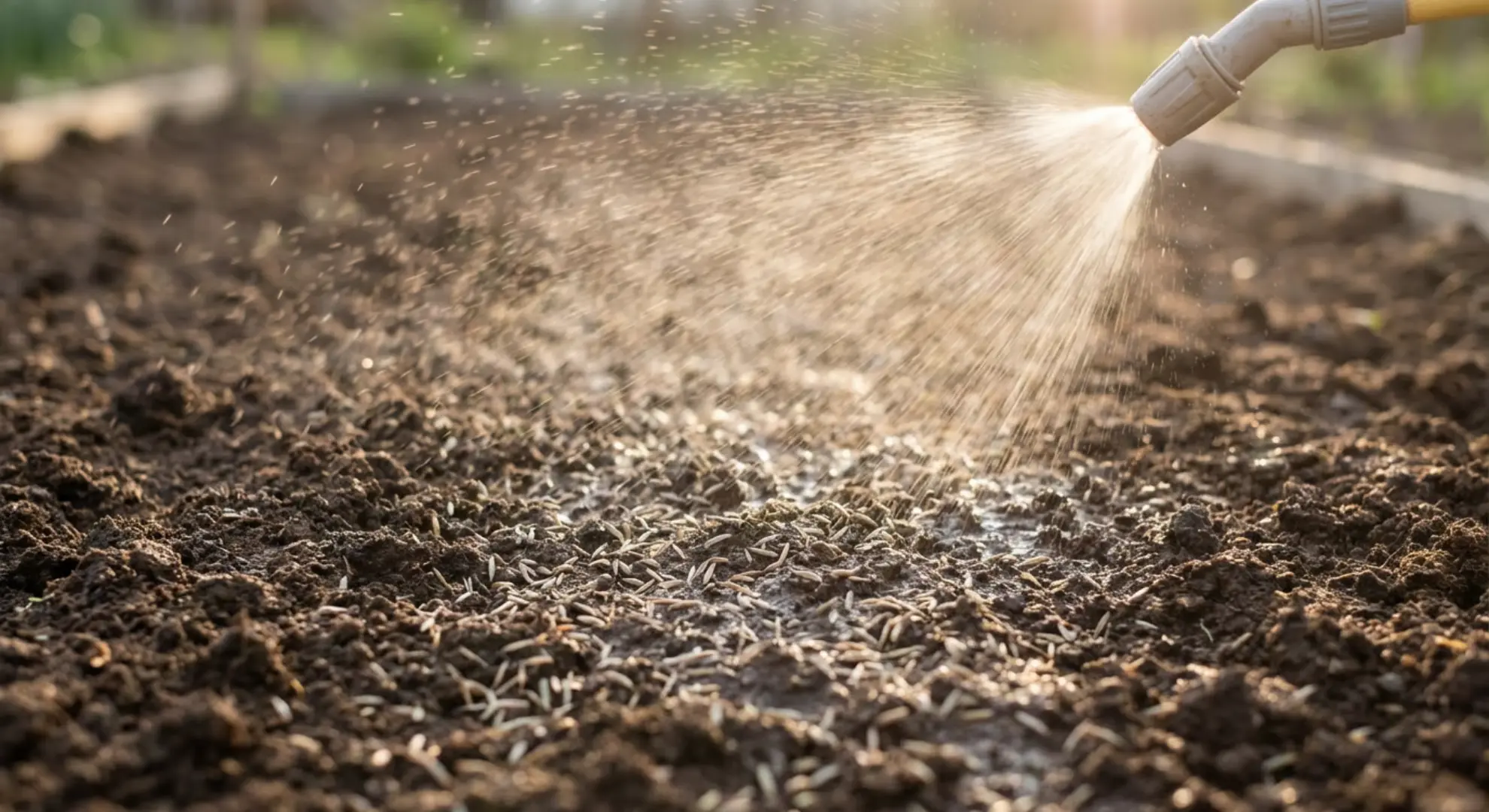 light misting of water on brown soil with visible grass seeds during germination phase