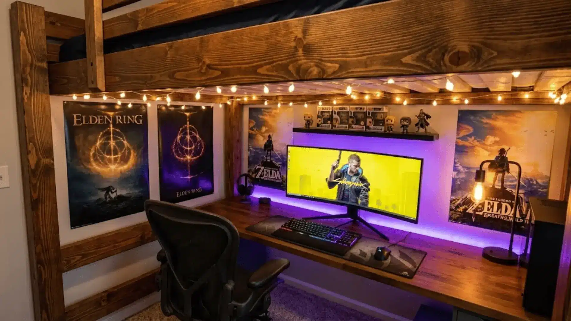 loft bed with gaming desk setup underneath featuring led lights and cozy cave-like atmosphere