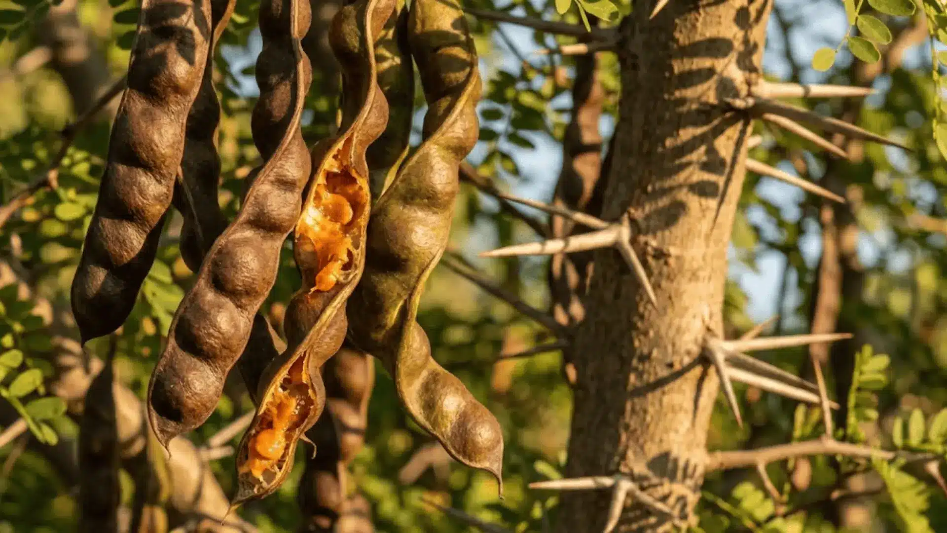 long thick honey locust seed pods splitting open on a thorned branch in warm sunlight
