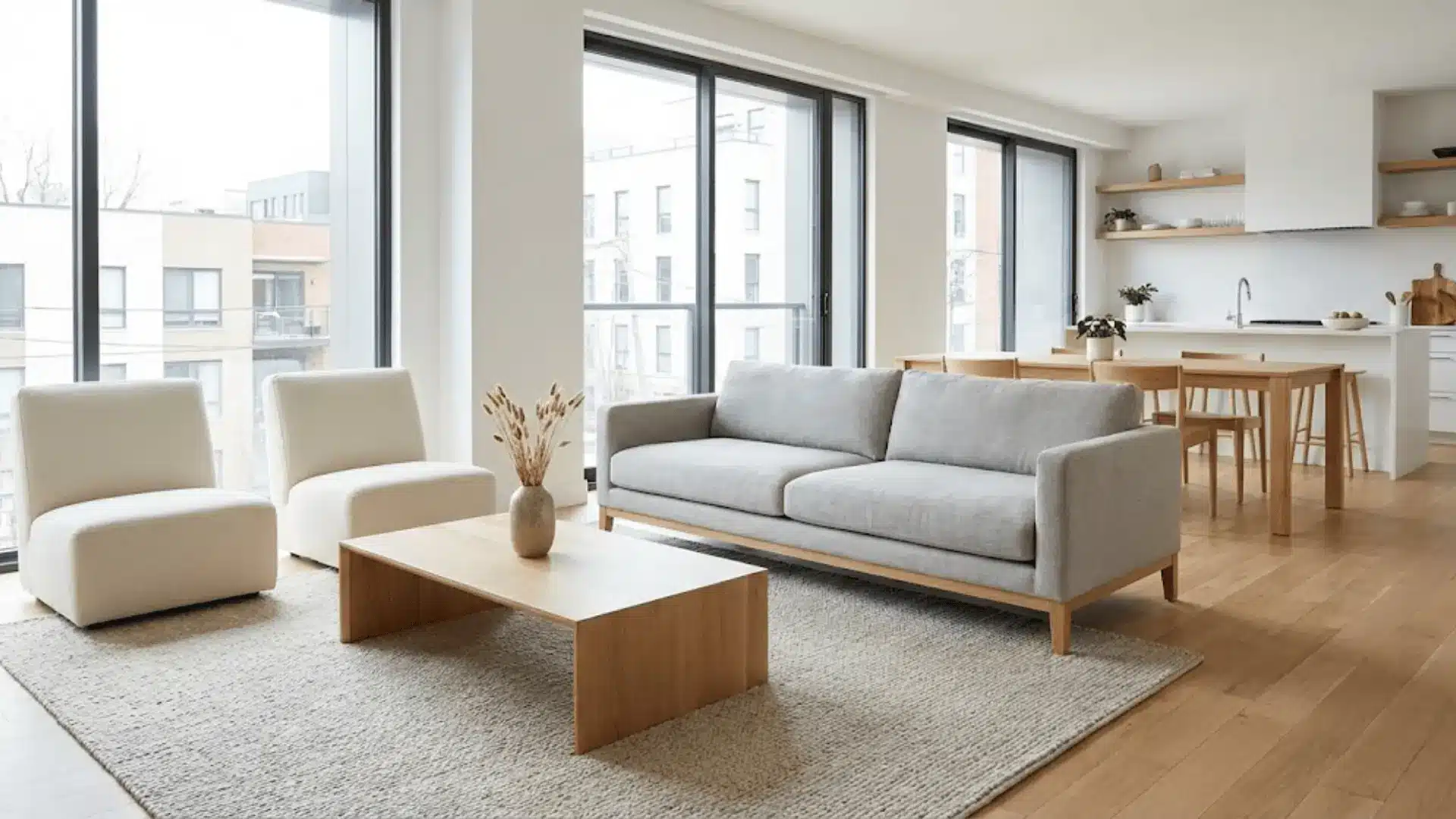 low-profile furniture maintaining sightlines across open floor plan living space