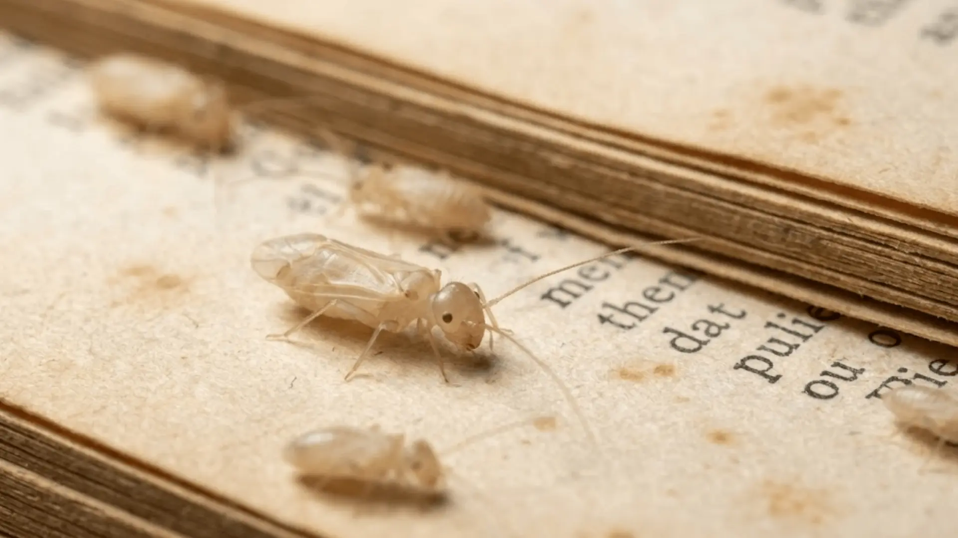 macro photo of tiny pale booklice insects crawling on old yellowed book pages