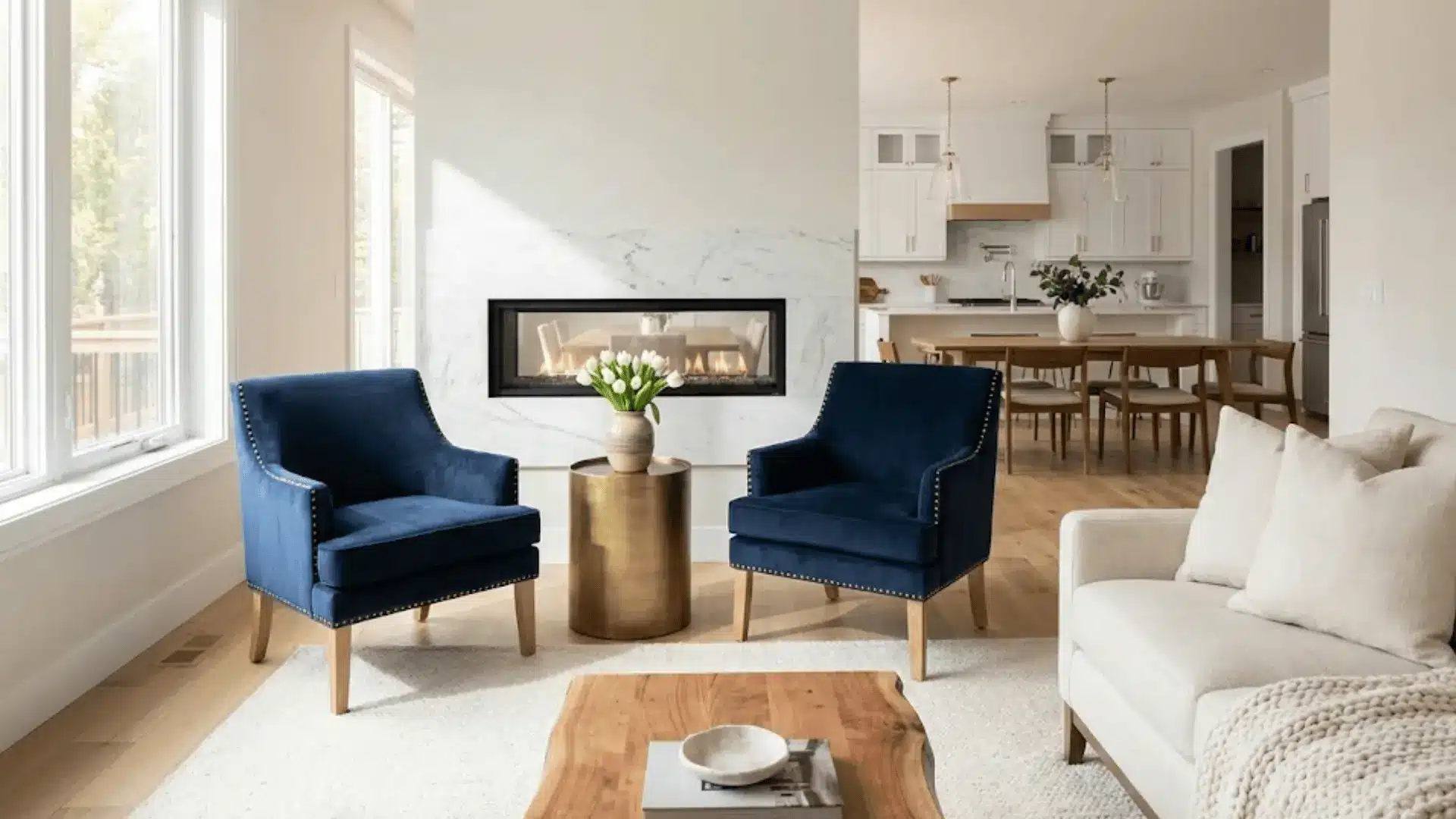 matching navy accent chairs flanking fireplace in symmetrical open floor plan