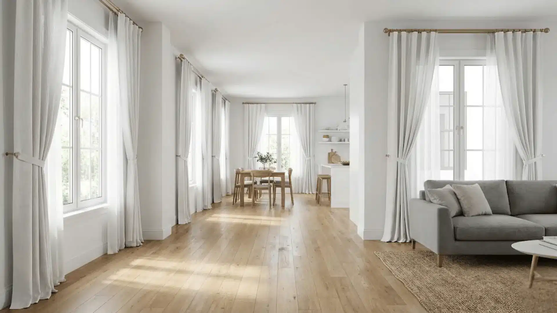 matching white linen curtains on all windows throughout open floor plan